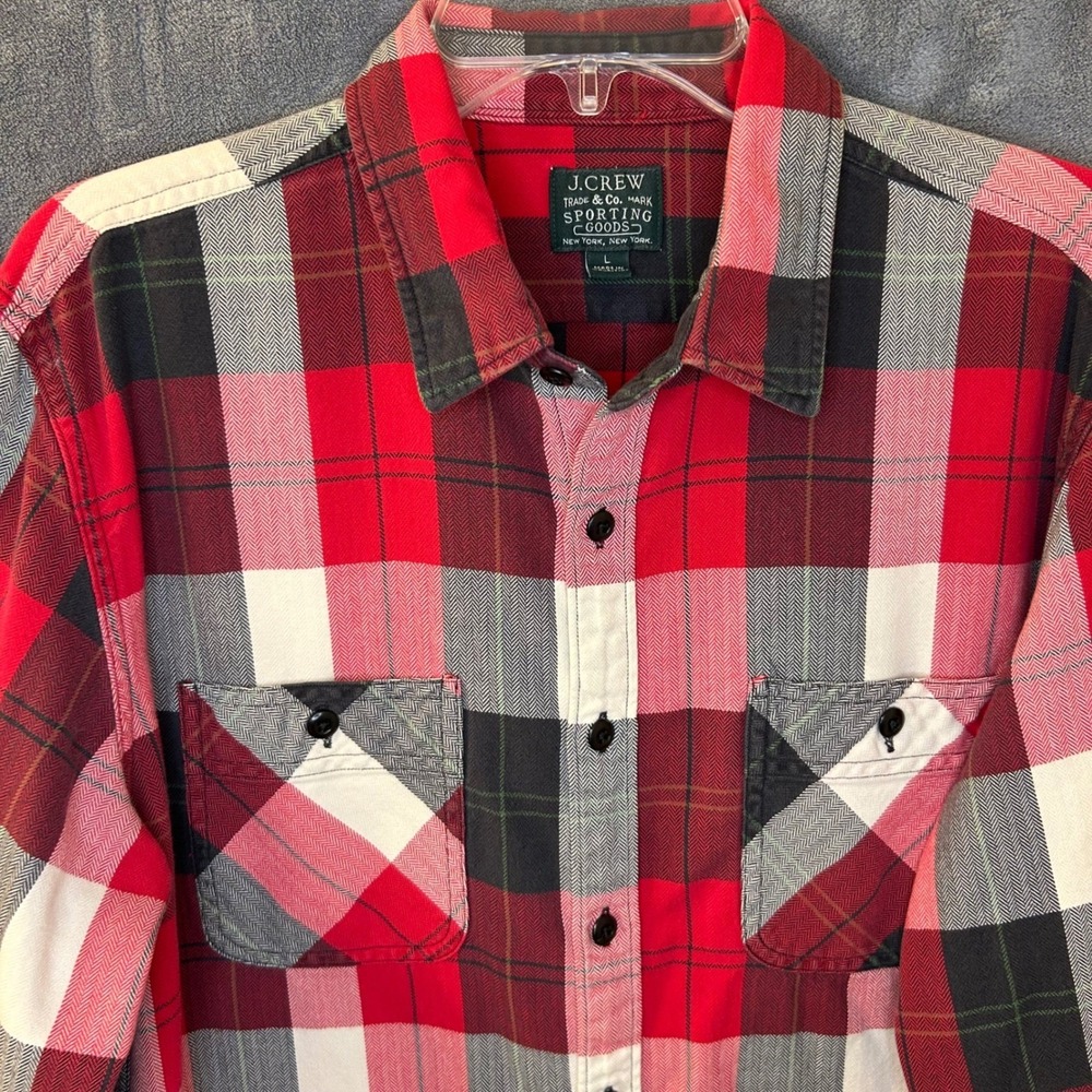 J.Crew Sporting Goods Mens Large Red Plaid Herringbone Flannel Button Down Shirt